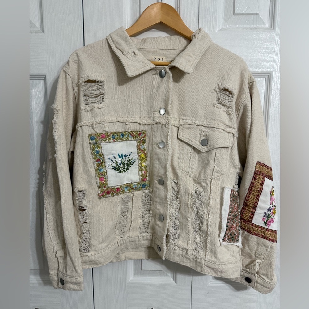 Pol Patchwork Distressed Denim Jacket Cream Size … - image 1